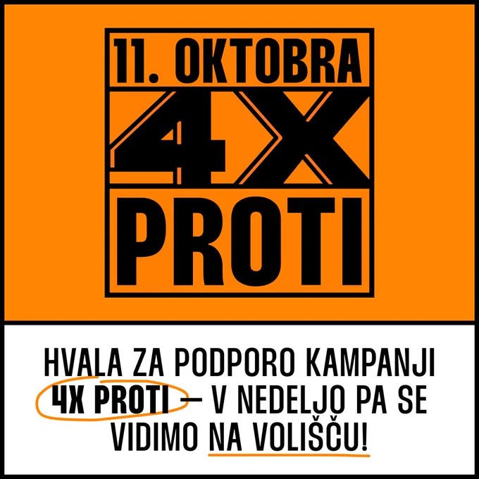 11. oktobra 4x PROTI. Hvala za podporo kampanji 4x PROTI — v nedeljo pa se vidimo na volišču!